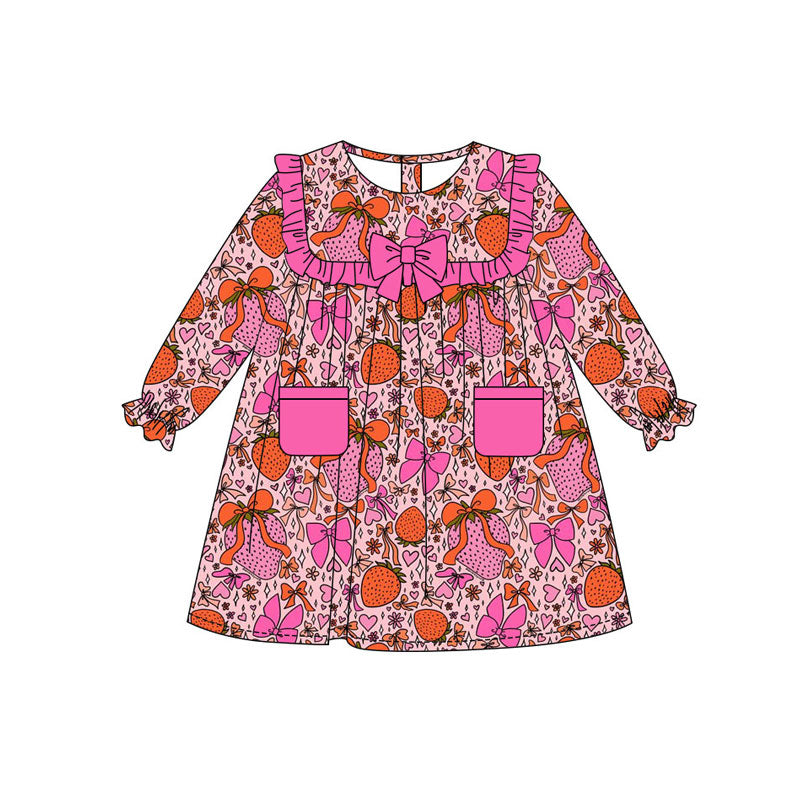 Preorder(moq 8)Baby Girls Hearts Strawberry Pocket Valentine Knee Length Dresses