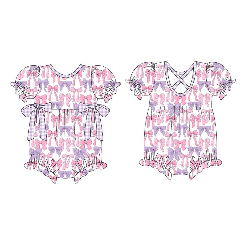 Preorder (moq 5)Baby Girls Short Ruffle Sleeve Pink Purple Bows Plaid Rompers