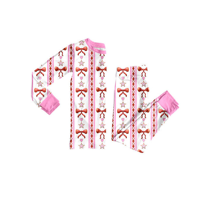 Preorder(moq 5) Baby Girls Pink Bows Hearts Stripe Top Pants Valentine Pajamas Sets