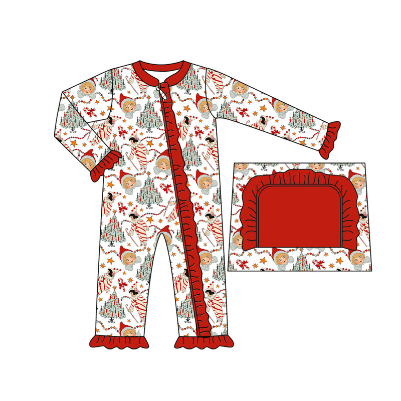 Preorder moq 5 Baby Infant Girls Long Sleeves Hat Elf Candy Cane Trees Ruffle Zipper Romper