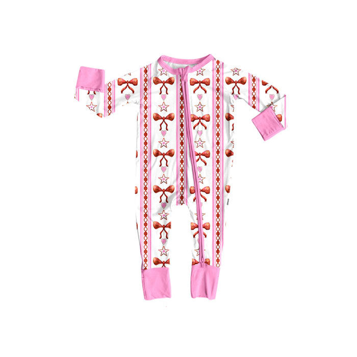 Preorder (moq 5)Baby Girls Pink Bows Hearts Stripe Valentine Zipper Footie Rompers