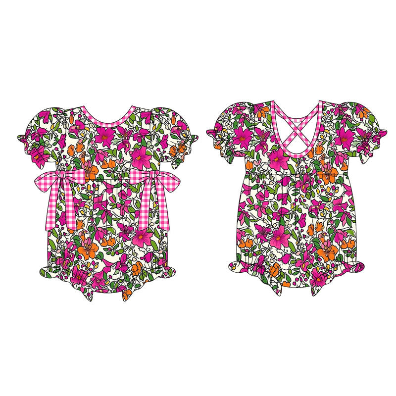 Preorder (moq 5)Baby Girls Short Ruffle Sleeve Hot Pink Floral Bows Rompers