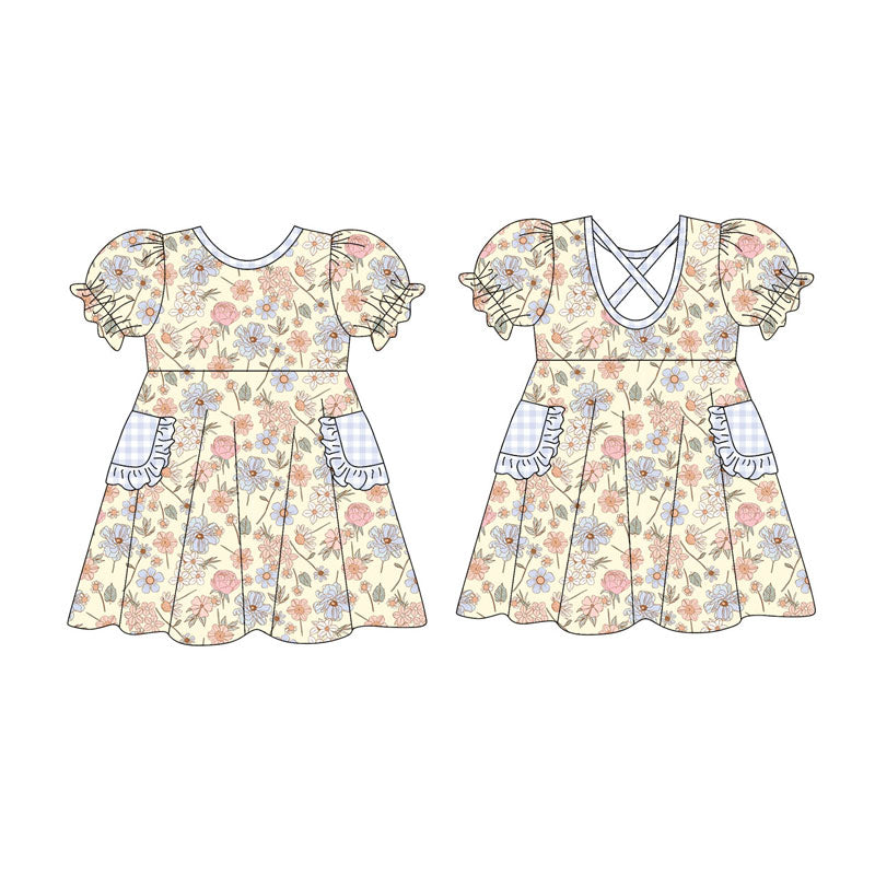 Preorder(moq 5) Baby Girls Short Ruffle Sleeve Pink Blue Floral Pockets Knee Length Dresses