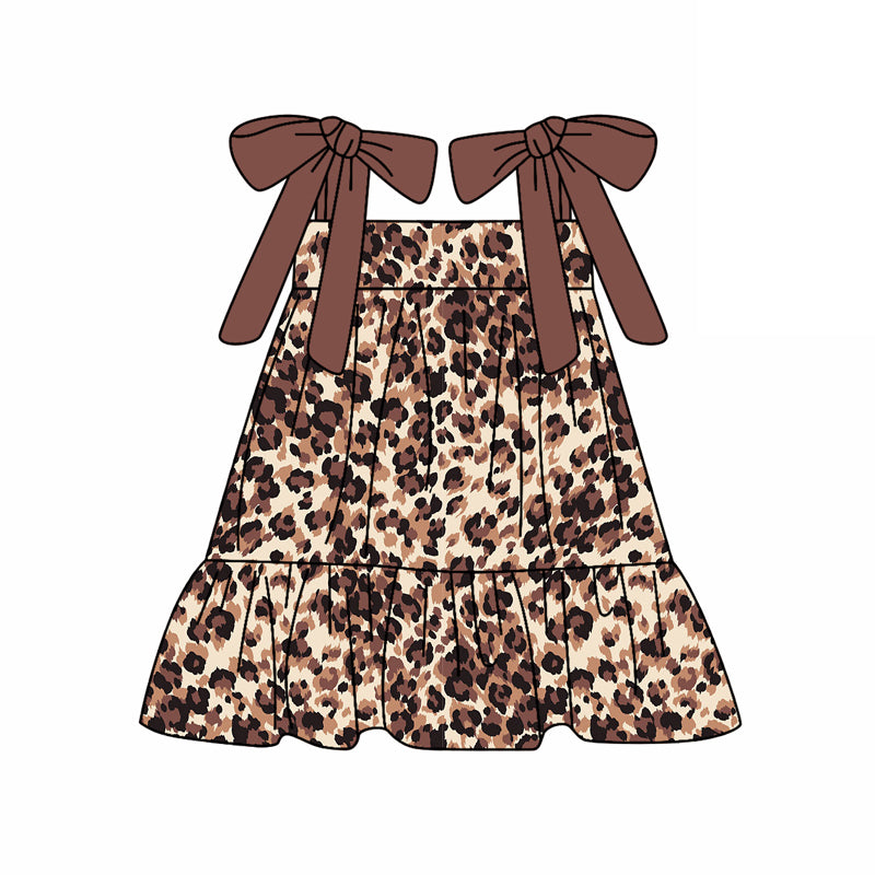 Preorder (moq 5)Baby Girls Dark Brown Bows Strap Leopard Knee Length Dresses
