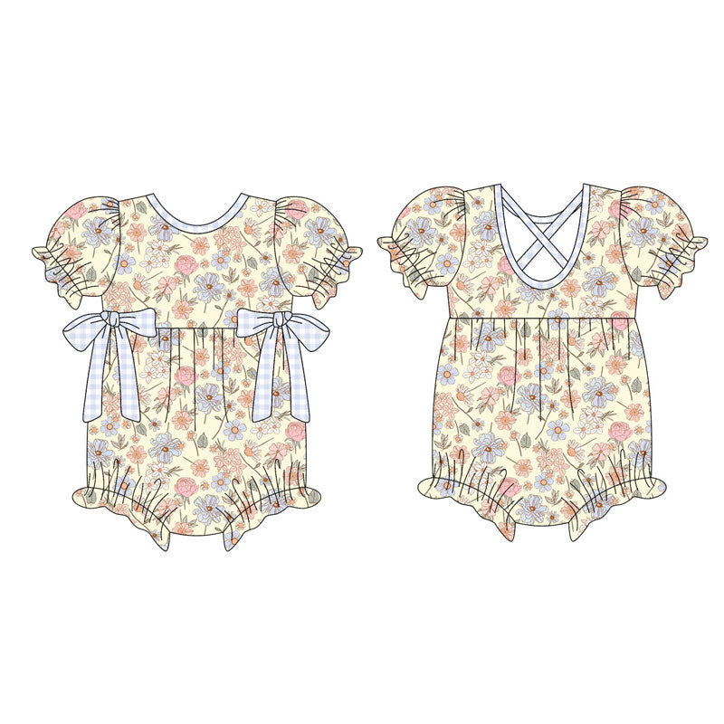 Preorder (moq 5)Baby Girls Short Ruffle Sleeve Pink Blue Flowers Bows Rompers