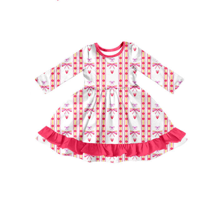 Preorder(moq 5) Baby Girls Pink Bows Hearts Stripe Valentine Ruffle Knee Length Dresses