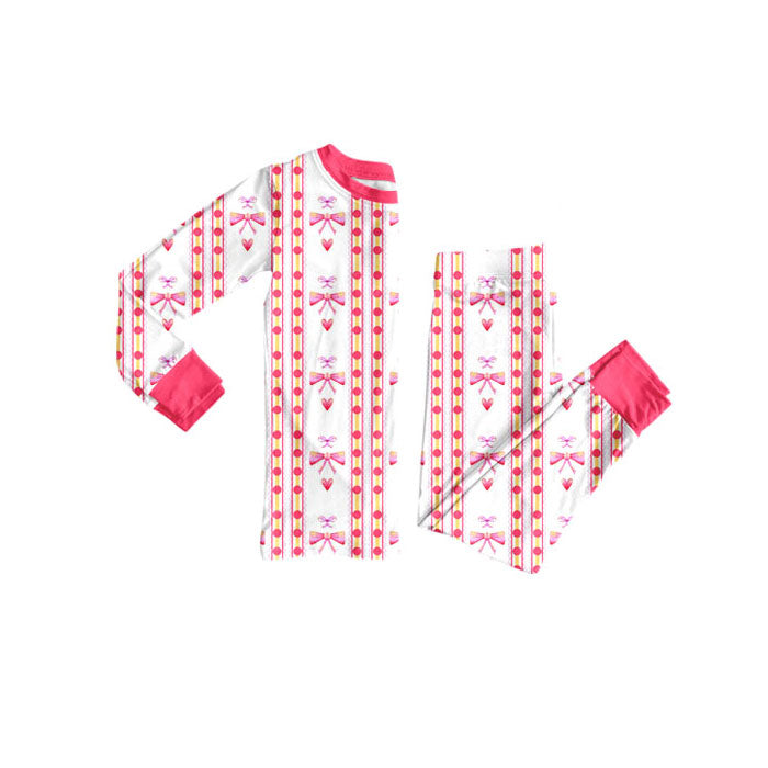 Preorder(moq 5) Baby Girls Pink Bows Hearts Stripe Top Pants Valentine Pajamas Sets