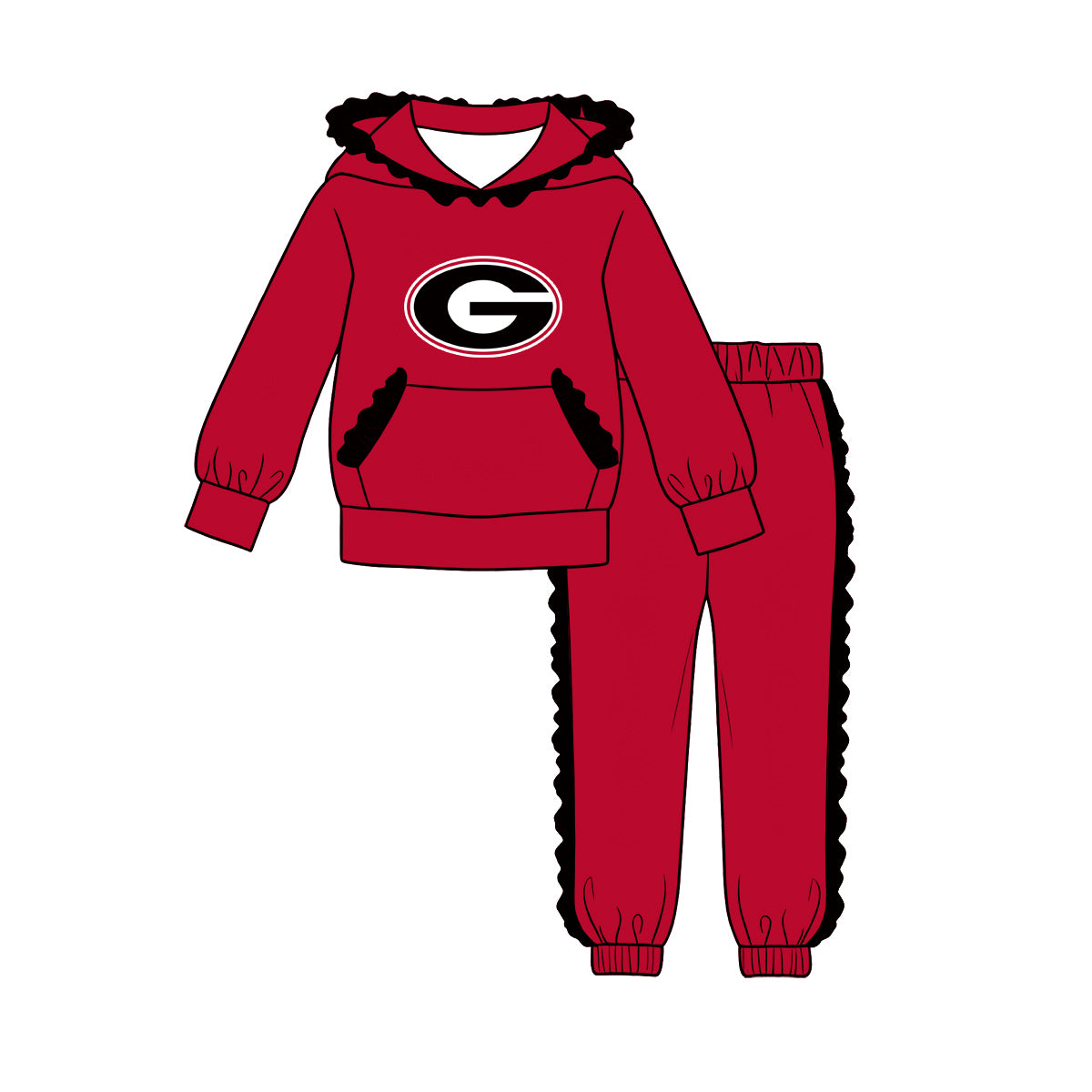 Preorder (moq 5) Baby Girls’ Red Team Pocket Hoodie & Ruffle Joggers Set