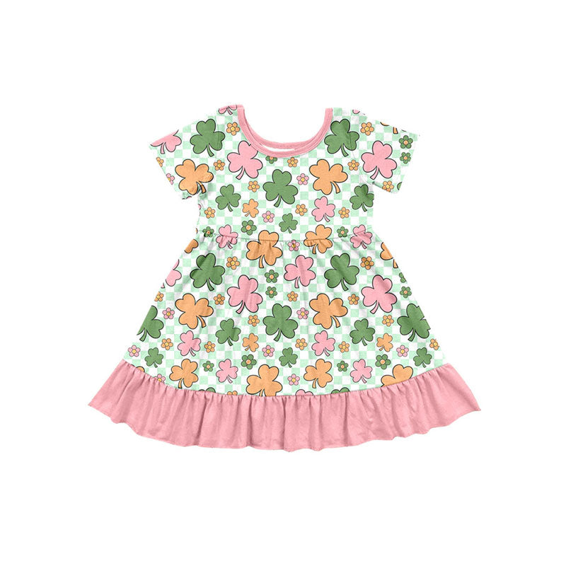 Preorder(moq 5) Baby Girls Clovers Flowers Checked St Patrick Ruffle Knee Length Dresses