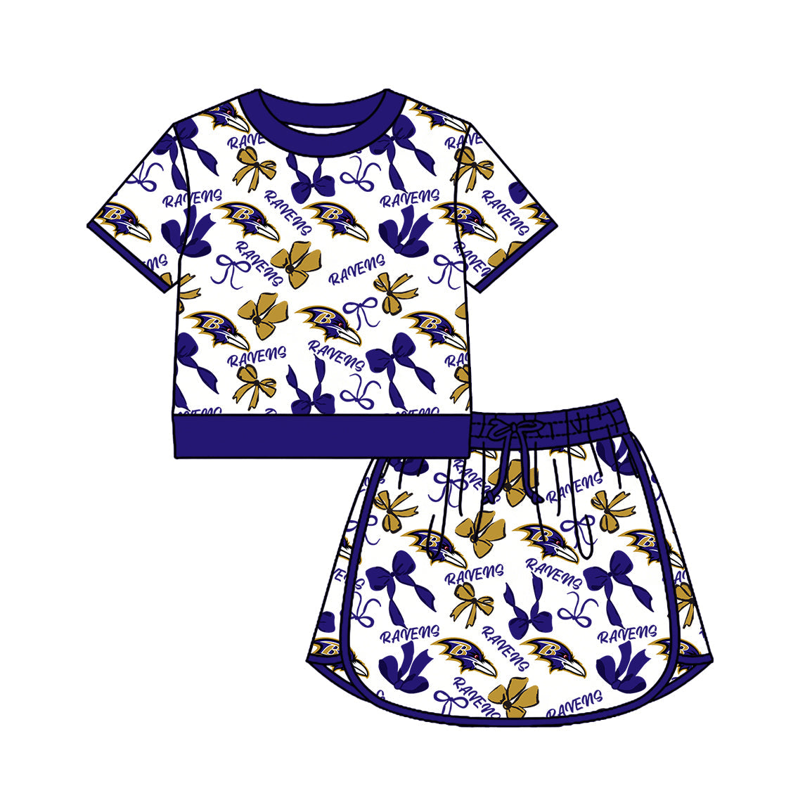 Preorder (moq 5)Baby Girls Bows B Ravens Top Skirt Short Team Clothes Set