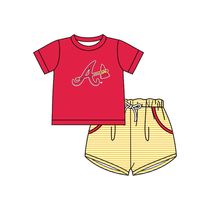 Preorder (moq 5)Baby Boys Atlanta Braves Shirt Top Pockets Stripe Short Team Clothes Set