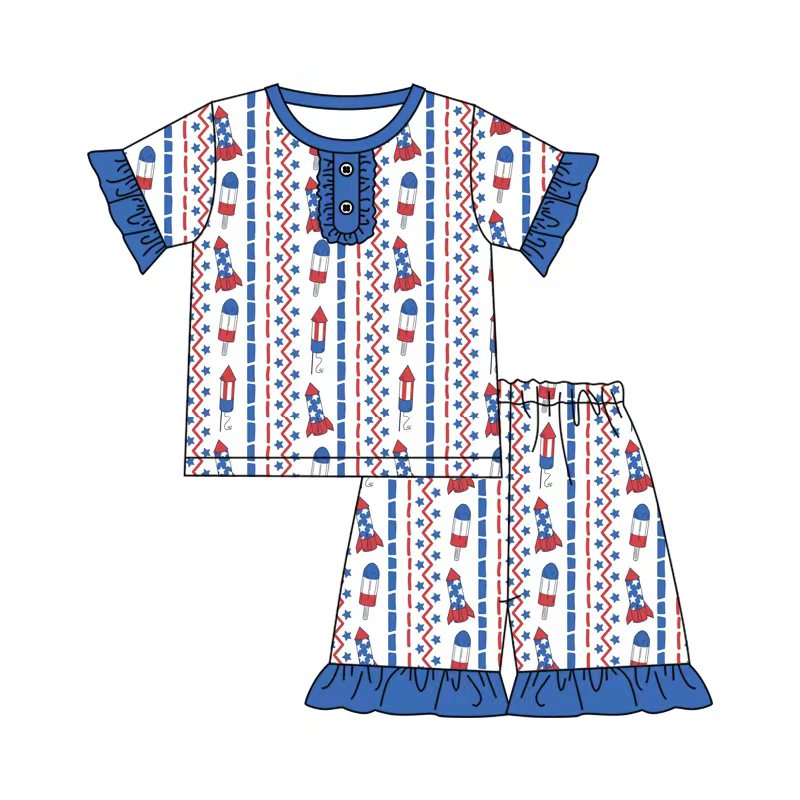 Preorder (moq 5)Baby Girls Popsicle Stars Stripe Button Top Ruffle Shorts 4th of July Clothes Sets