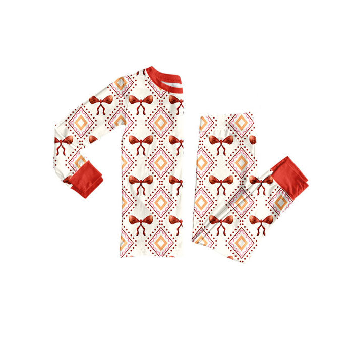 Preorder(moq 5) Baby Girls Orange Bows Aztec Plaid Top Pants Western Pajamas Sets