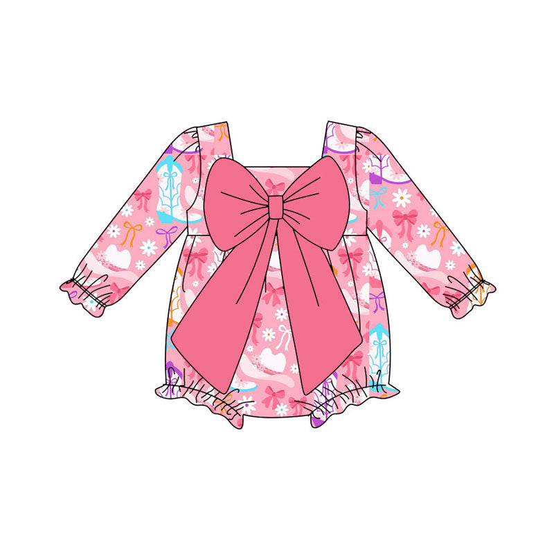 Preorder (moq 8)Baby Girls Pink Boots Flowers Bows Ruffle Rompers