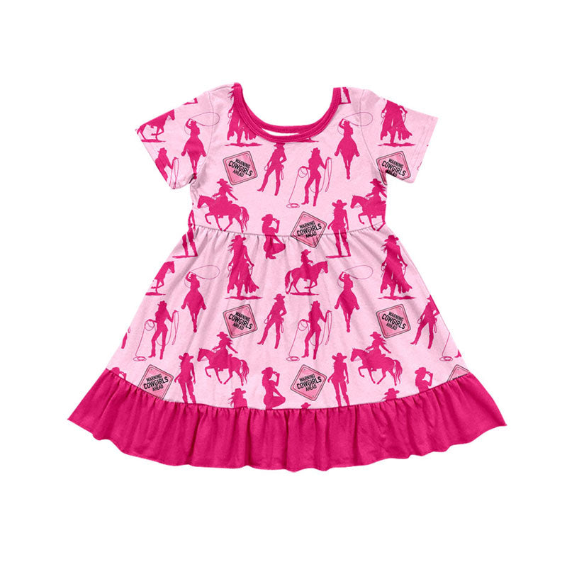 Preorder(moq 5) Baby Girls Hot Pink Horses Rodeos Western Ruffle Knee Length Dresses