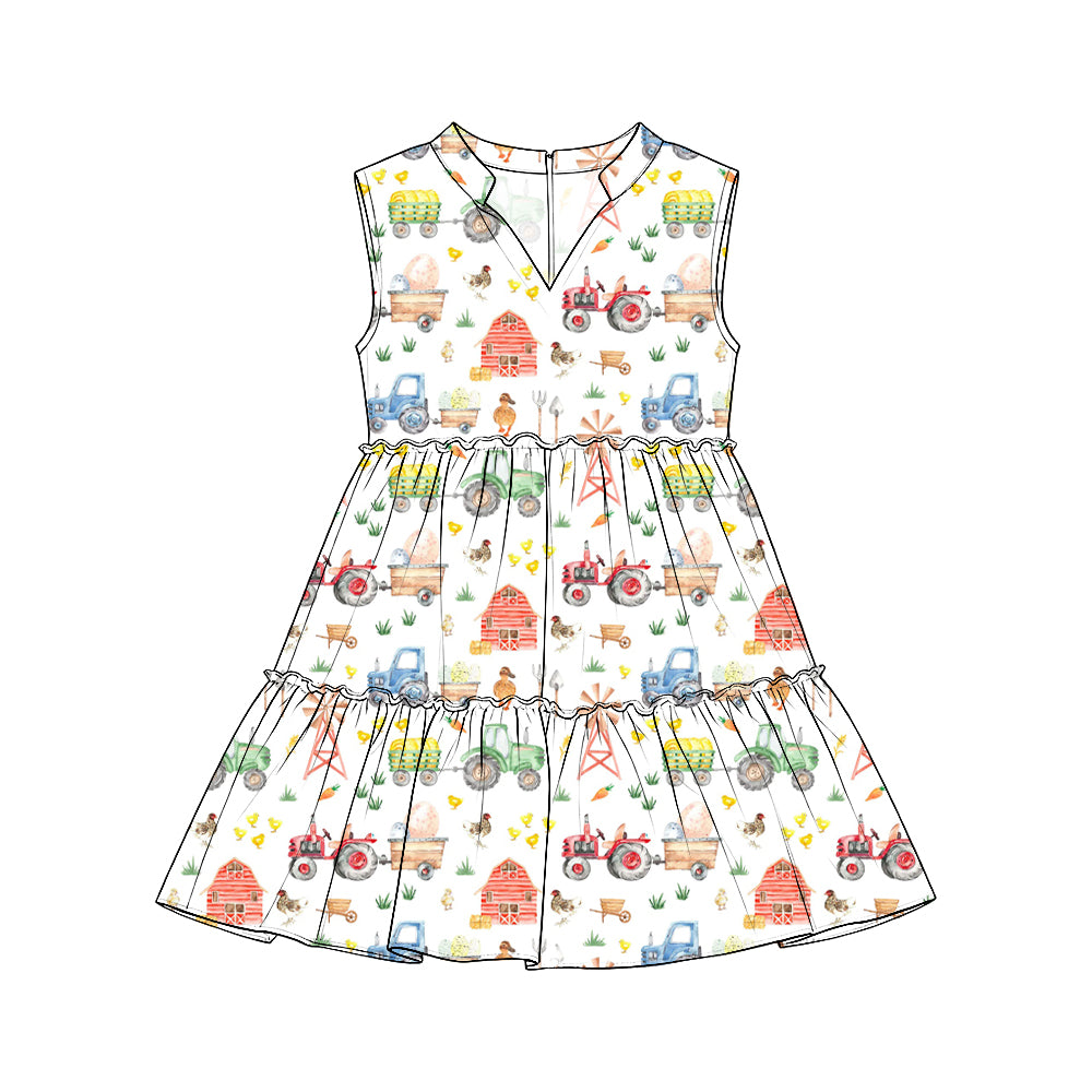 Preorder (moq 5) Girls Collared Sleeveless Tiered Dresses, Farm Tractor Windmill & House Print, Fall Harvest Thanksgiving Outfit
