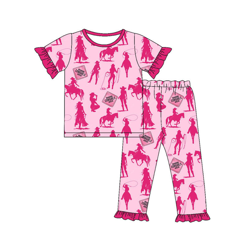 Preorder(moq 5) Baby Girls Hot Pink Horses Rodeos Top Ruffle Pants Western Pajamas Sets