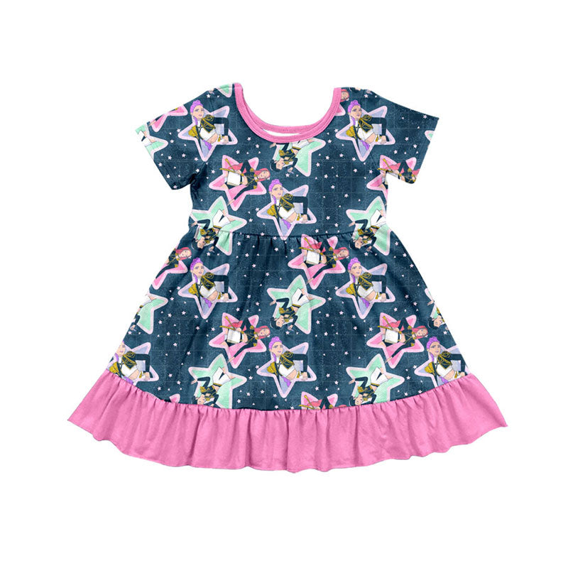 Preorder(moq 5) Baby Girls Cartoon Girls Stars Ruffle Knee Length Dresses