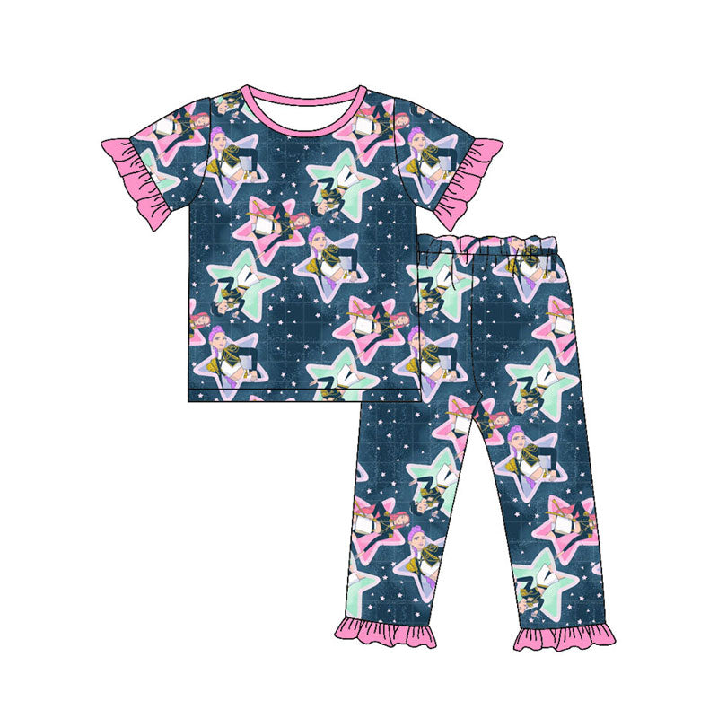 Preorder(moq 5) Baby Girls Cartoon Girls Stars Top Ruffle Pants Pajamas Sets