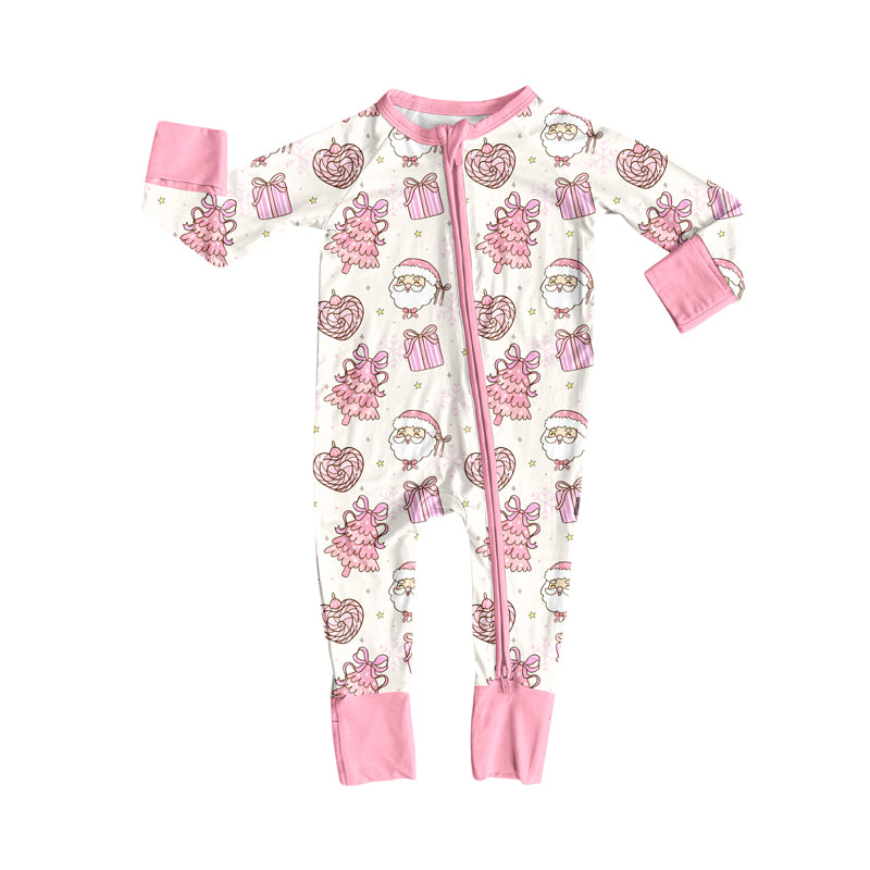 Preorder (moq 5)Baby Girls Long Sleeves Pink Santa Gifts Trees Zipper Pant Rompers