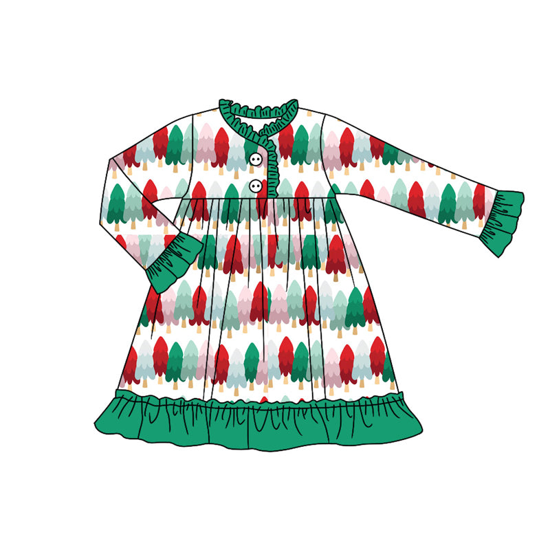 Preorder (moq 5)Baby Girls Colorful Christmas Trees Button Ruffle Knee Length Dresses