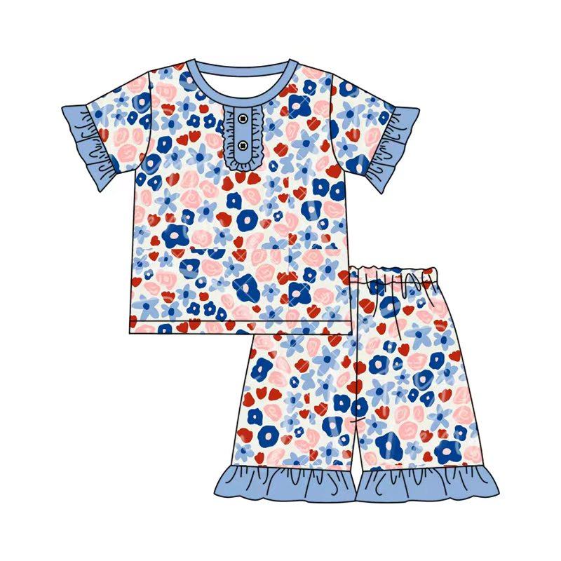 Preorder (moq 5)Baby Girls Red Blue Flowers Button Top Ruffle Shorts 4th of July Clothes Sets