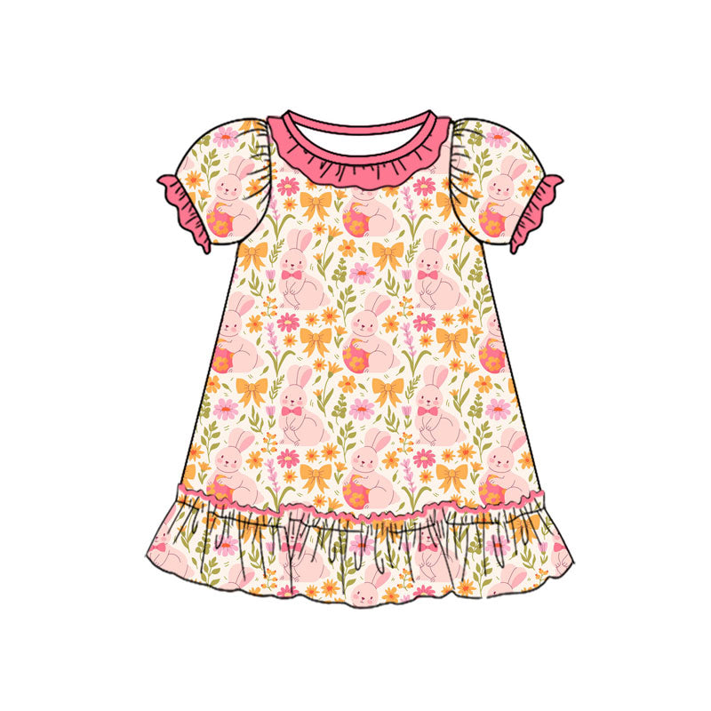 Preorder(moq 8)Baby Girls Rabbits Flowers Bows Easter Ruffle Knee Length Dresses