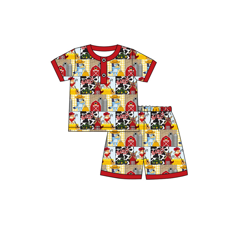 Preorder moq 5 Baby Boys Short Sleeves Cartoon Dogs House Button Top Shorts Farm Pajamas Set