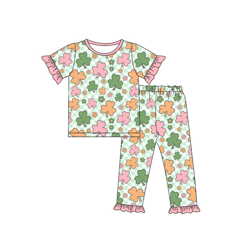 Preorder(moq 5) Baby Girls Clovers Flowers Checked Top Ruffle Pants St Patrick Pajamas Sets