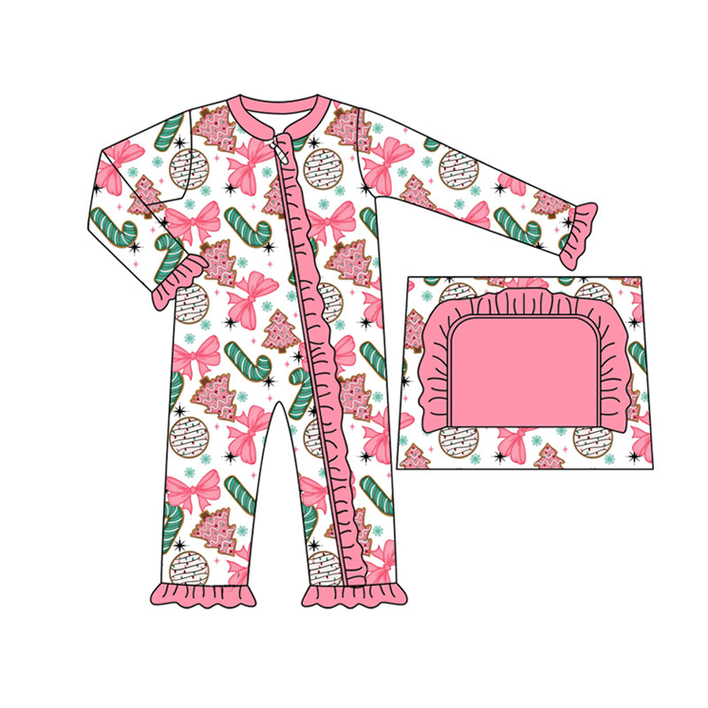 Preorder(moq 5)Baby Girls Long Sleeves Pink Bows Candy Cane Plaid Ruffle Zipper Rompers