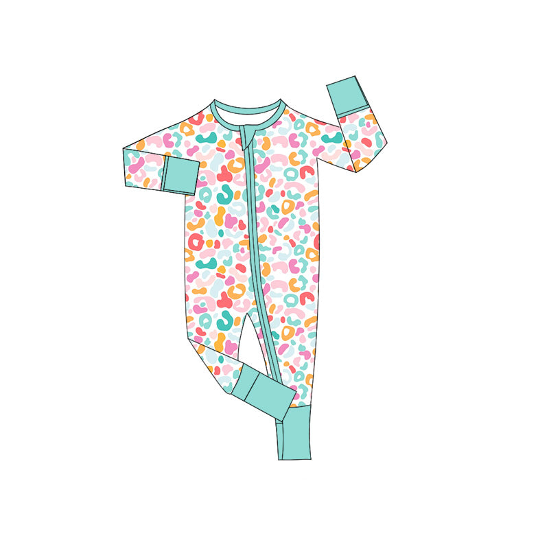 Preorder (moq 5)Baby Boys Blue Long Sleeves Colorful Leopard Zipper Rompers