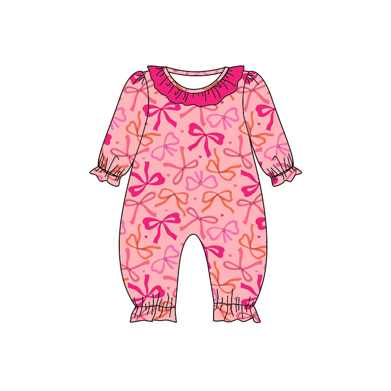 Preorder (moq 5)Baby Girls Bows Hearts Valentine Ruffle Footie Rompers