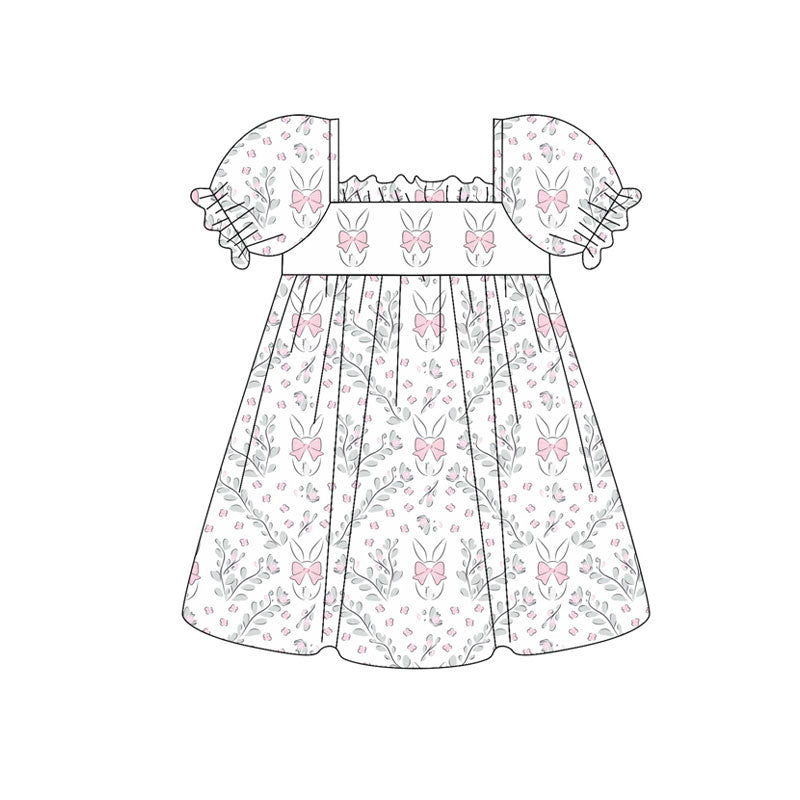 Preorder (moq 5)Baby Girls Pink Flowers Rabbits Easter Knee Length Dresses