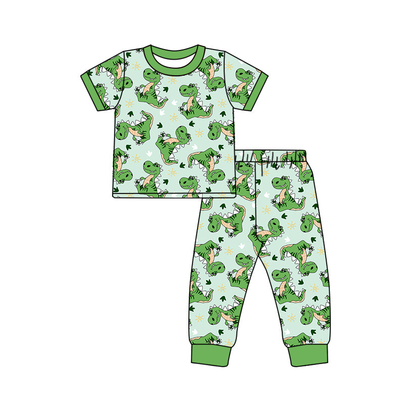 Preorder (moq 5)Baby Boys Short Sleeves Green Dinosaurs Top Pant Pajamas Set