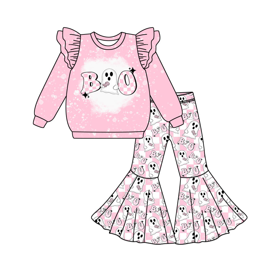 Preorder (moq 5)Baby Girls Pink Long Sleeves Ghost BOO Top Bell Bottom Pant Set