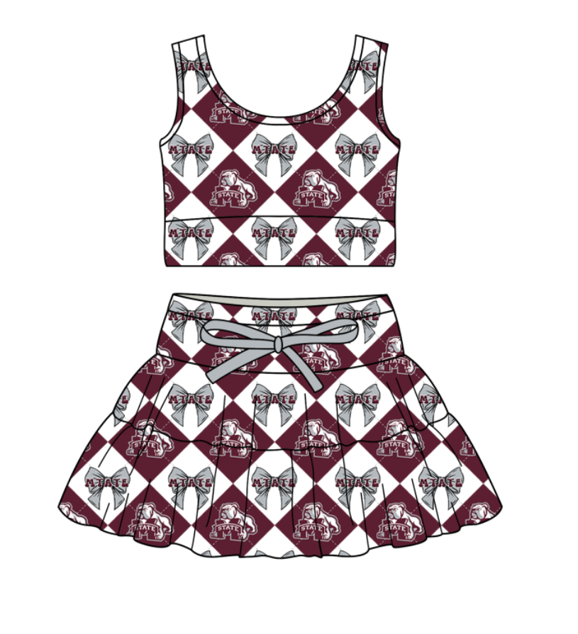 Preorder moq 5 Baby Girls Sleeveless M State Bows Top Skirt Shorts Team Clothes Set