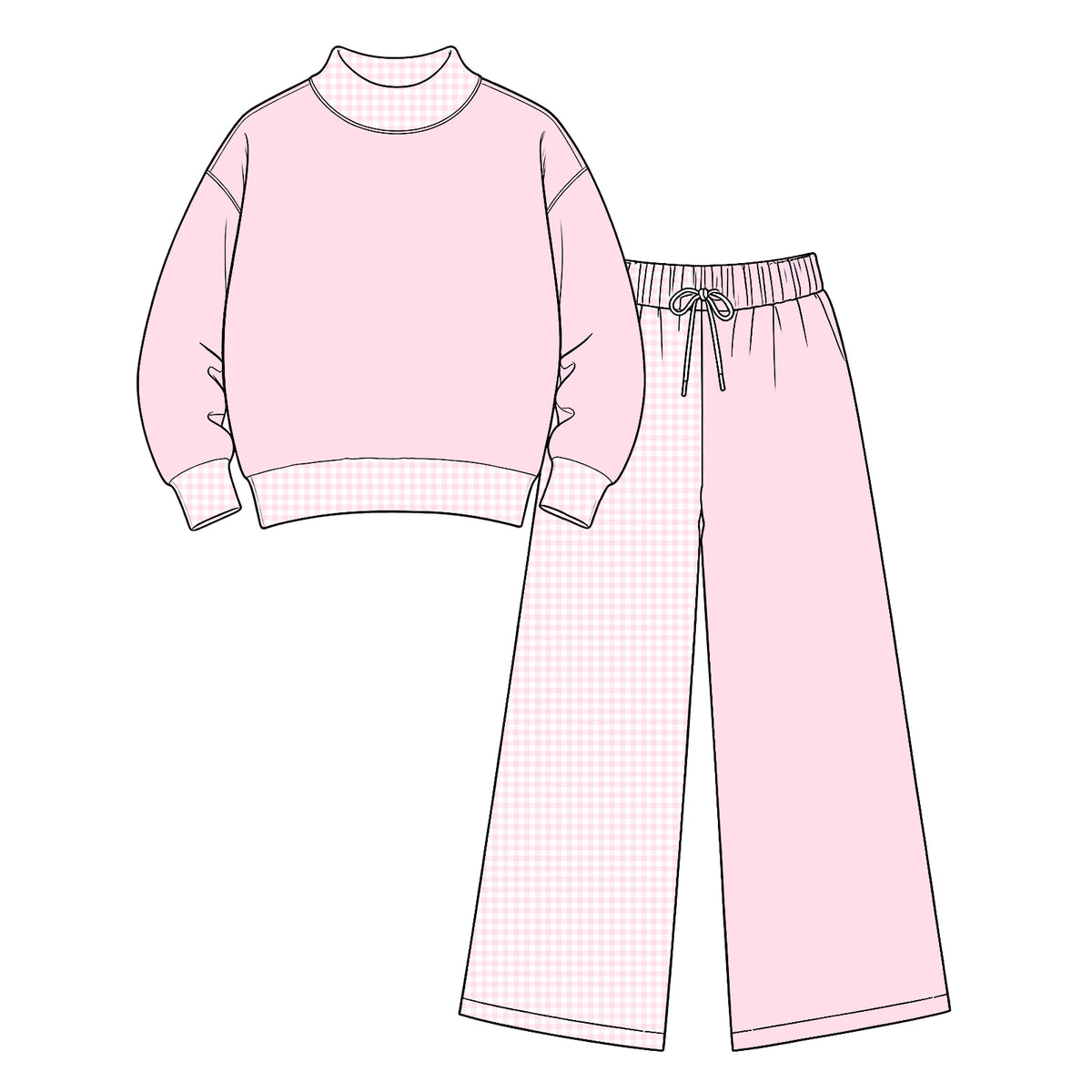Preorder (moq 5) Baby Girl Clothes Solid Light Pink Gingham Contrast Print Long Sleeve Wide Leg Pant Boutique Outfit Set
