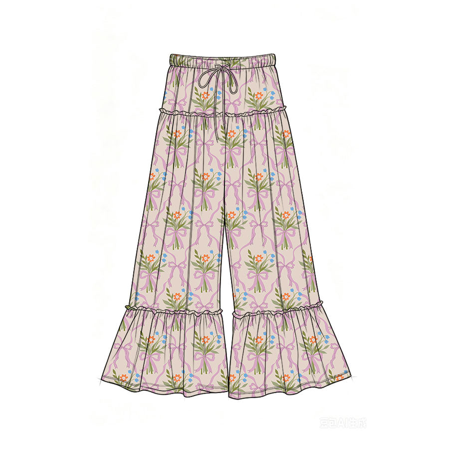 Preorder (moq 5)Baby Girls Bows Flowers Checked Bell Bottom Pants