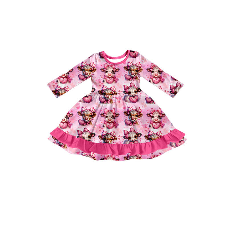 Preorder(moq 5) Baby Girls Pink Hearts Highland Cows Valentine Ruffle Knee Length Dresses