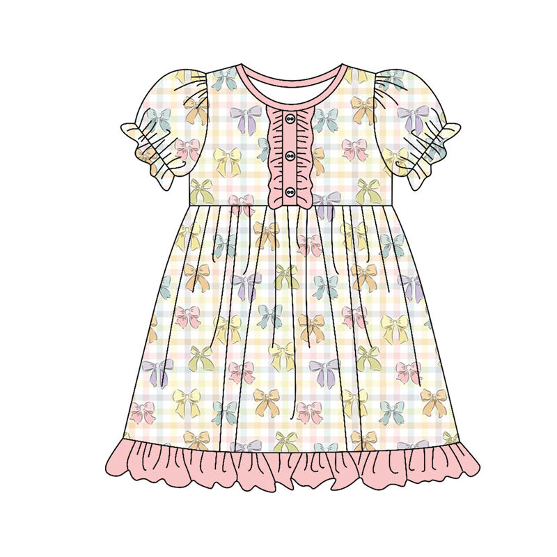Preorder(moq 8)Baby Girls Colorful Checked Bows Button Ruffle Knee Length Dresses