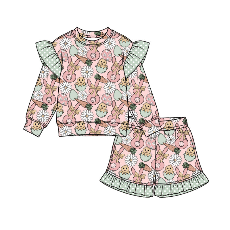 Preorder (moq 5) Baby Girl Clothes Easter Bunny Chick Daisy Mixed Print Long Sleeve Ruffle Shoulder Ruffle Short Set