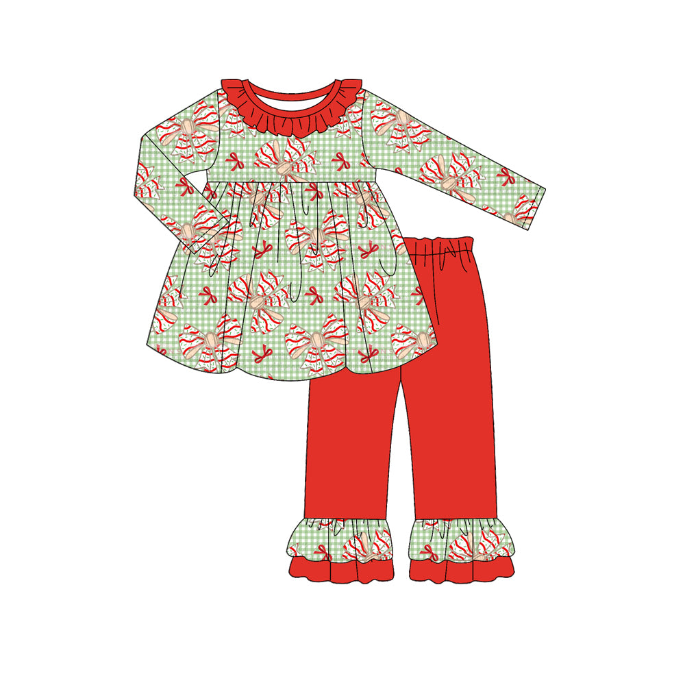 Preorder (moq 5)Baby Girls Long Sleeves Green Plaid Red Stripe Bows Tunic Ruffle Pant Sets