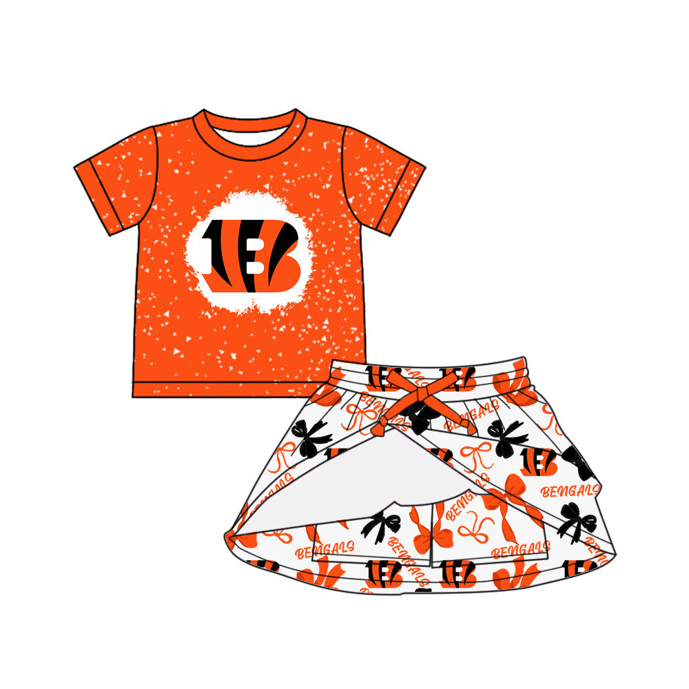 Preorder (moq 5)Baby Girls Red Short Sleeves Bengals Top Bows Plaid Skorts Team Set