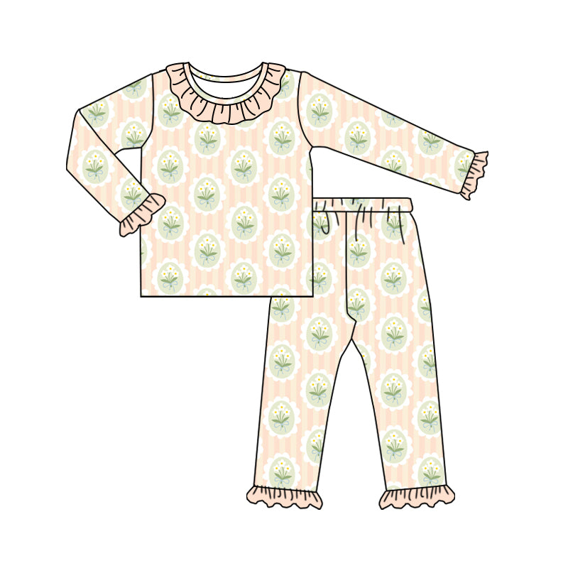 Preorder (moq 5)Baby Girls Colorful Flowers Stripe Top Ruffle Pants Pajamas Sets