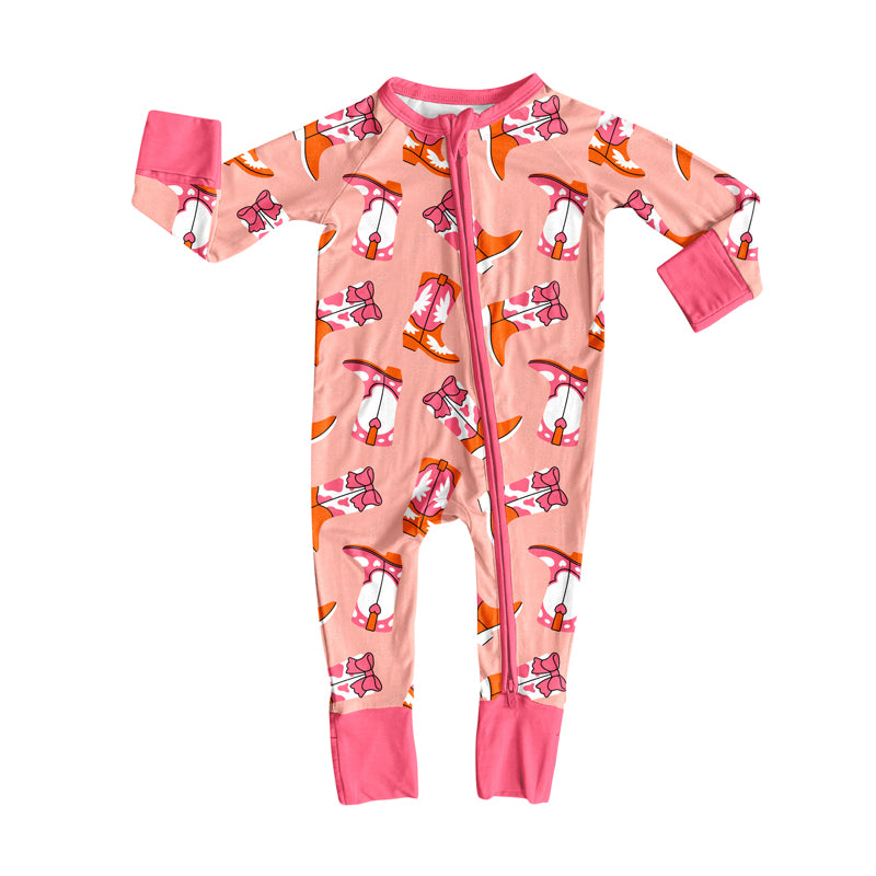 preorder(moq 5)Baby Infant Boys Long Sleeves Pink Boots Plaid Zipper Rompers
