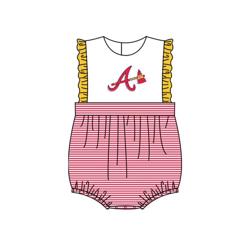 Preorder (moq 5)Baby Girls Sleeveless Atlanta Braves Stripe Team Ruffle Rompers
