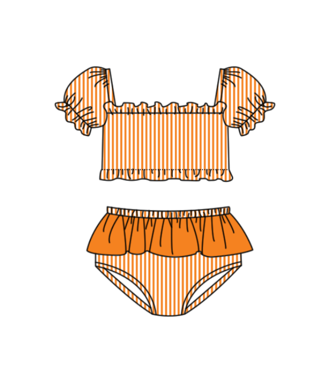 Preorder moq 5 Baby Girls Orange Stripe Vest Top Bummies Short Team Swimsuits