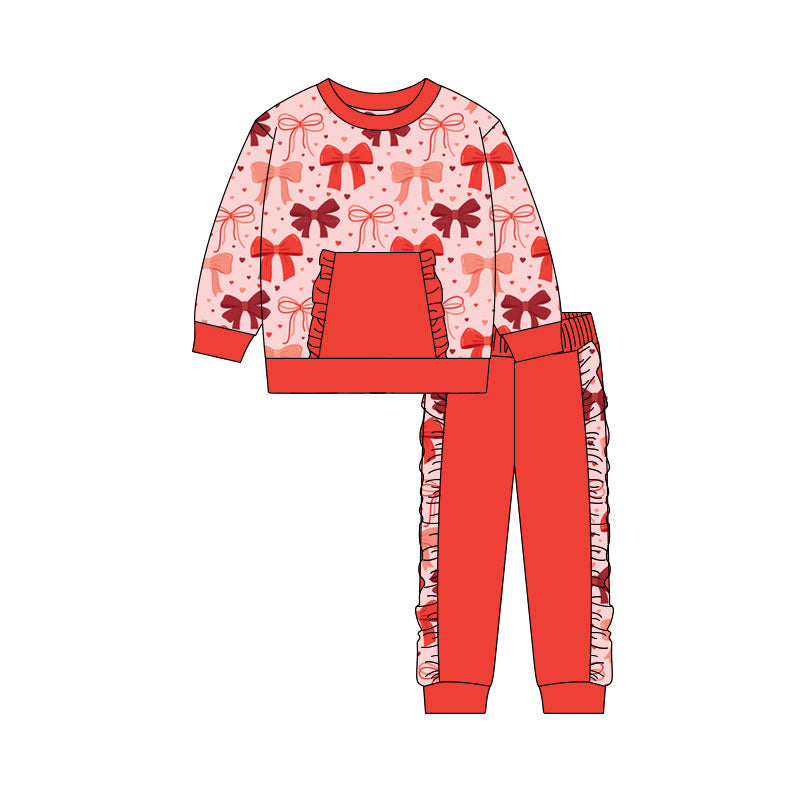 Preorder(moq 5) Baby Girls Bows Hearts Pocket Top Ruffle Pants Valentine Clothes Sets