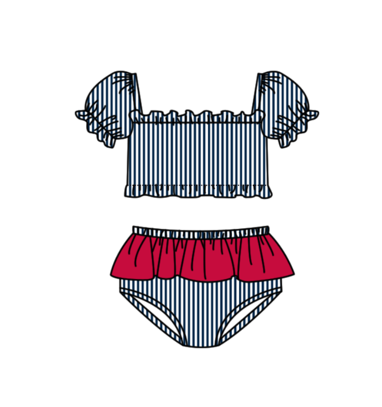 Preorder moq 5 Baby Girls Navy Stripe Vest Top Bummies Short Team Swimsuits
