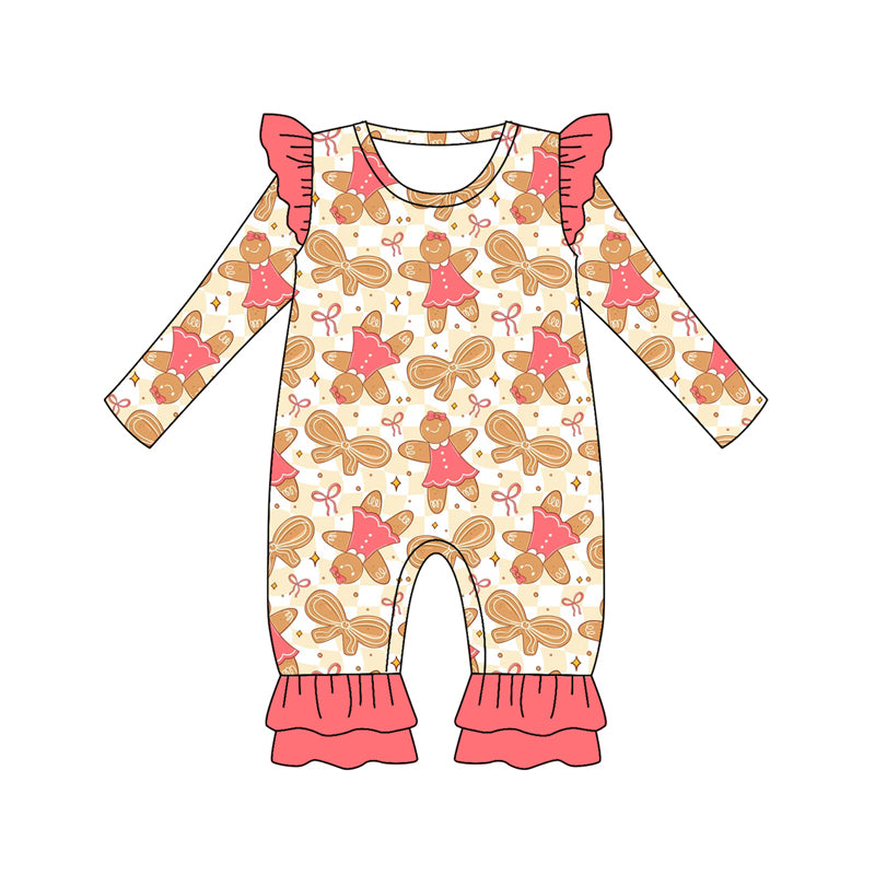 Preorder (moq 5)Baby Girls Long Sleeves Peach Bows Gingerbread Plaid Ruffle Pants Romper